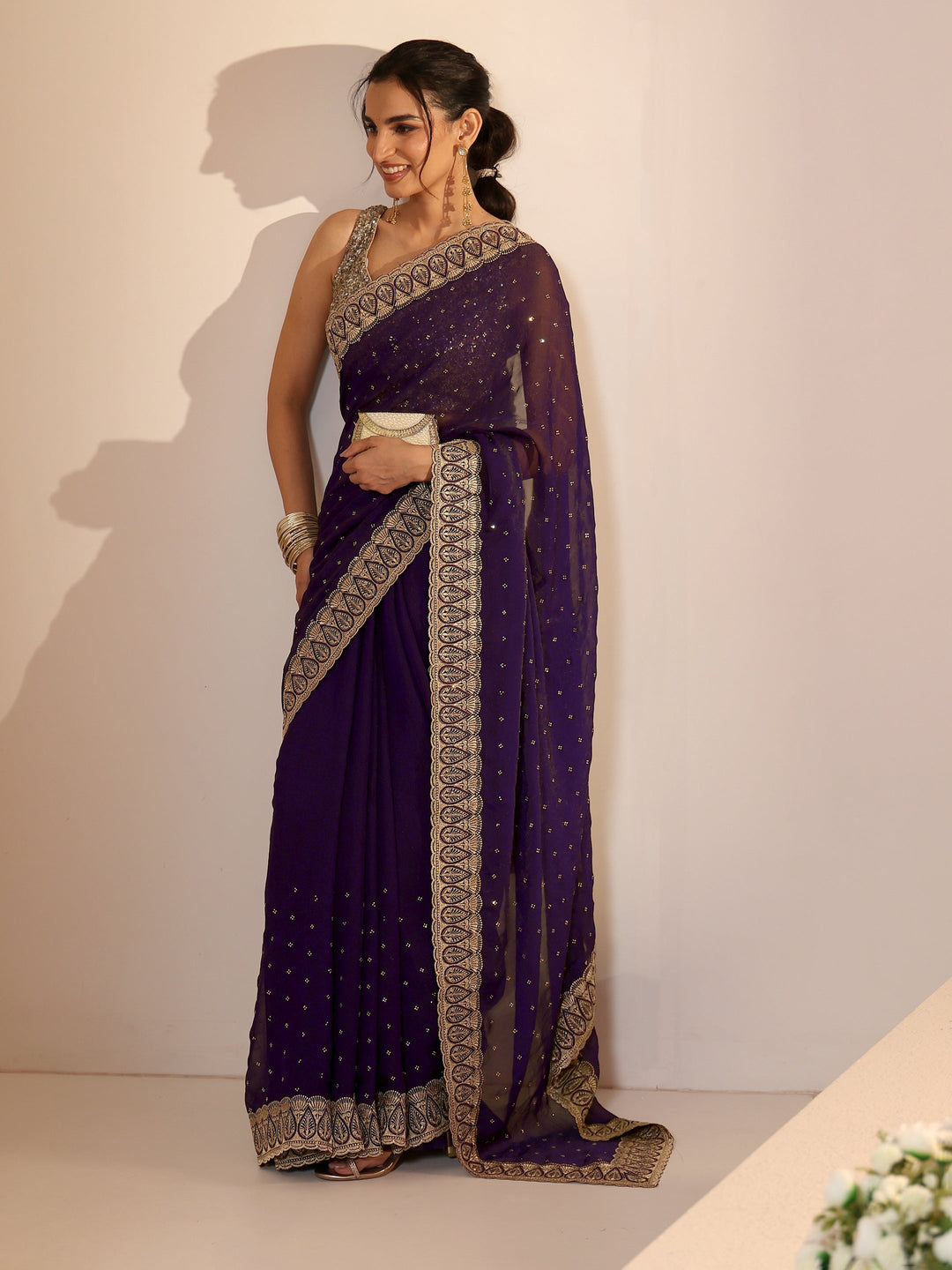  Libas Amethyst Purple Tissue Saree with Floral Embellishments 