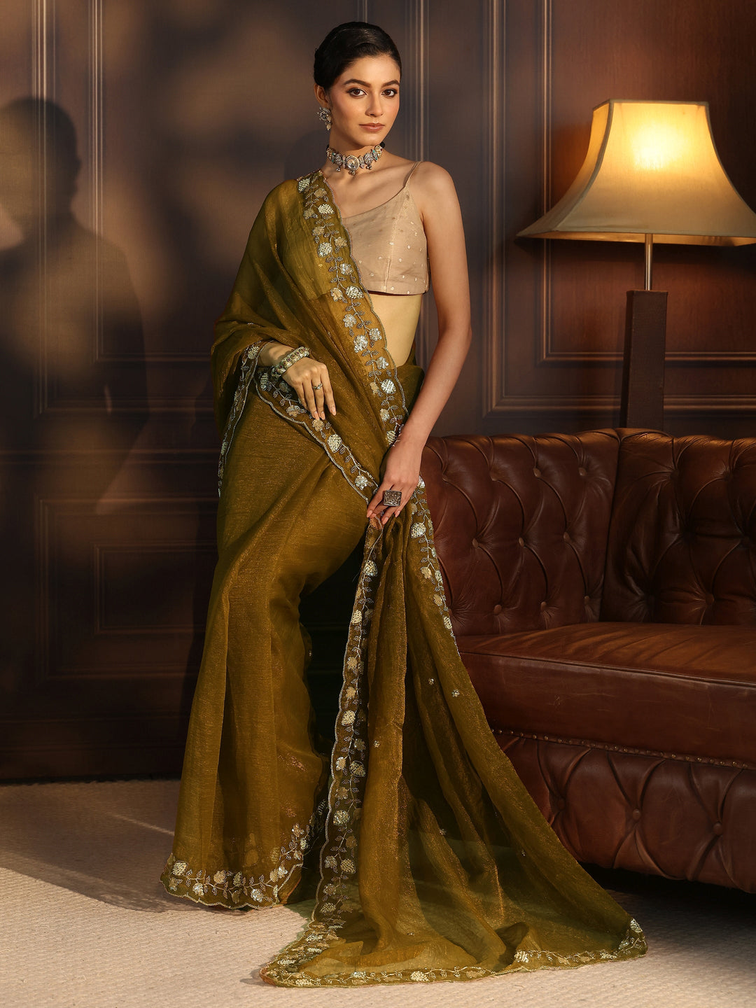 Libas Antique Gold Tissue Saree with Floral Embellished Border