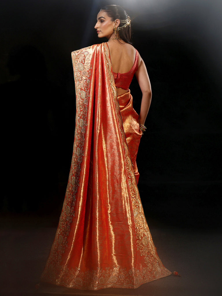 Libas Apricot Orange Woven Design Satin Saree with Embellished Border