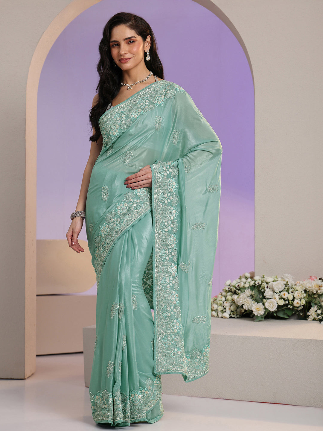  Libas Aqua Blue Embroidered Satin Saree 