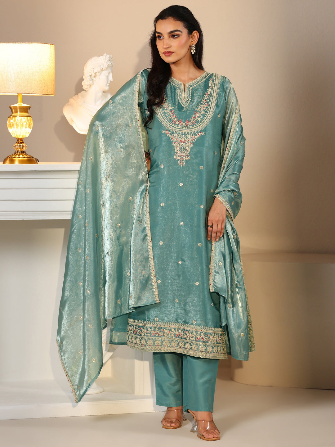  Libas Aqua Blue Ethnic Embroidered Tissue Straight  Suit Set 
