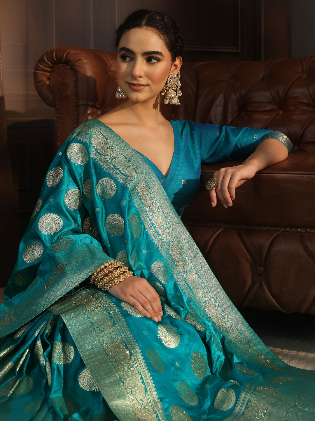 Libas Aqua Blue Ethnic Woven Design Satin Saree with Stone Work