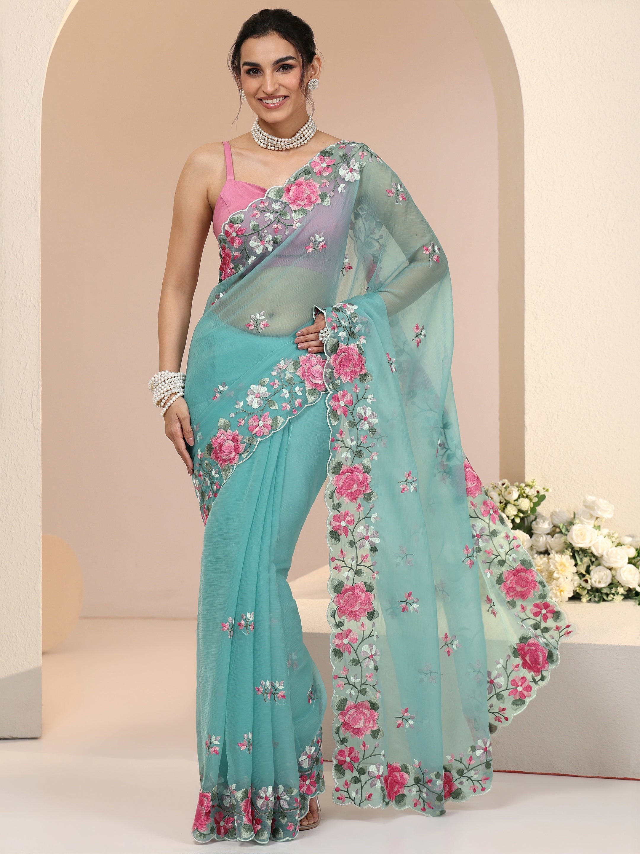Libas Aqua Blue Floral Embroidered Chiffon Saree with Scalloped Border-picture-54