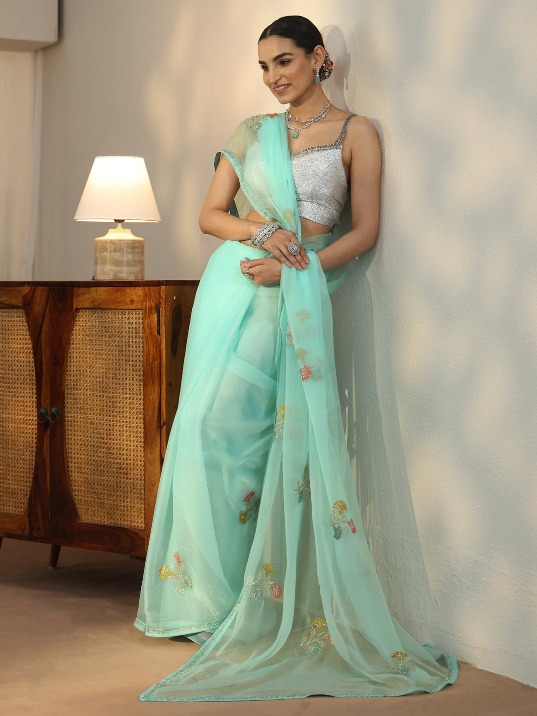  Libas Aqua Blue Floral Embroidered Organza Saree 