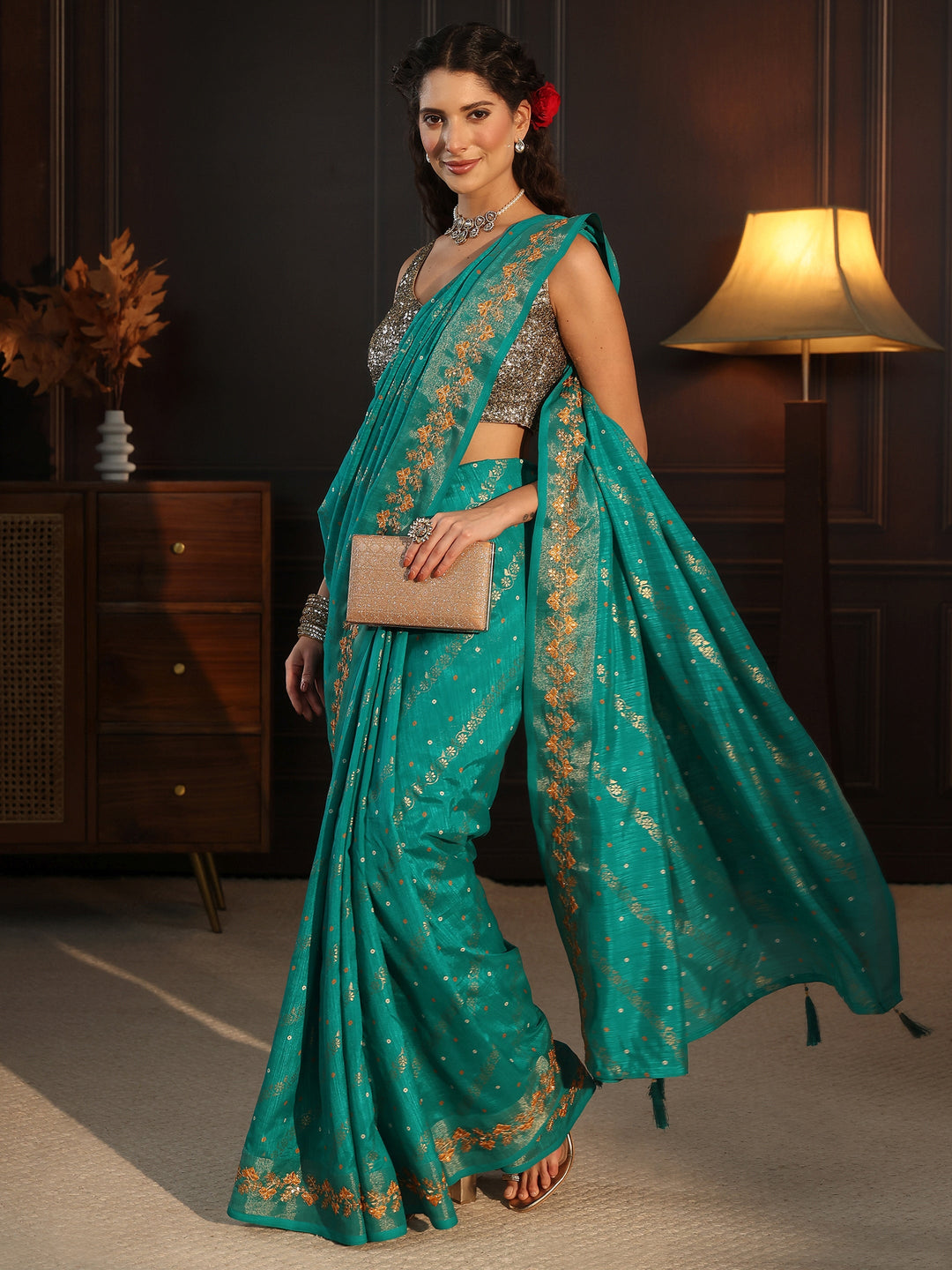 Libas Aqua Blue Foil Printed Silk Blend Saree