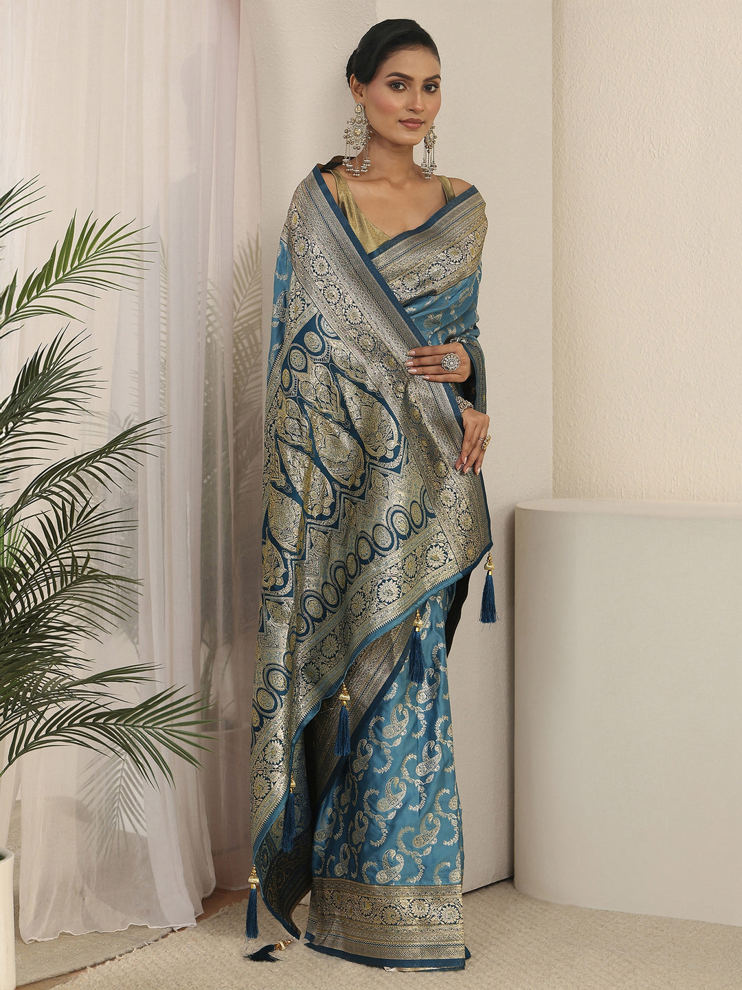 Libas Aqua Blue Paisley Woven Design Satin Saree