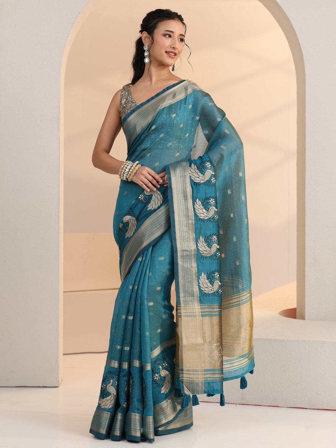  Libas Aqua Blue Peacock Motif Chanderi Silk Saree 