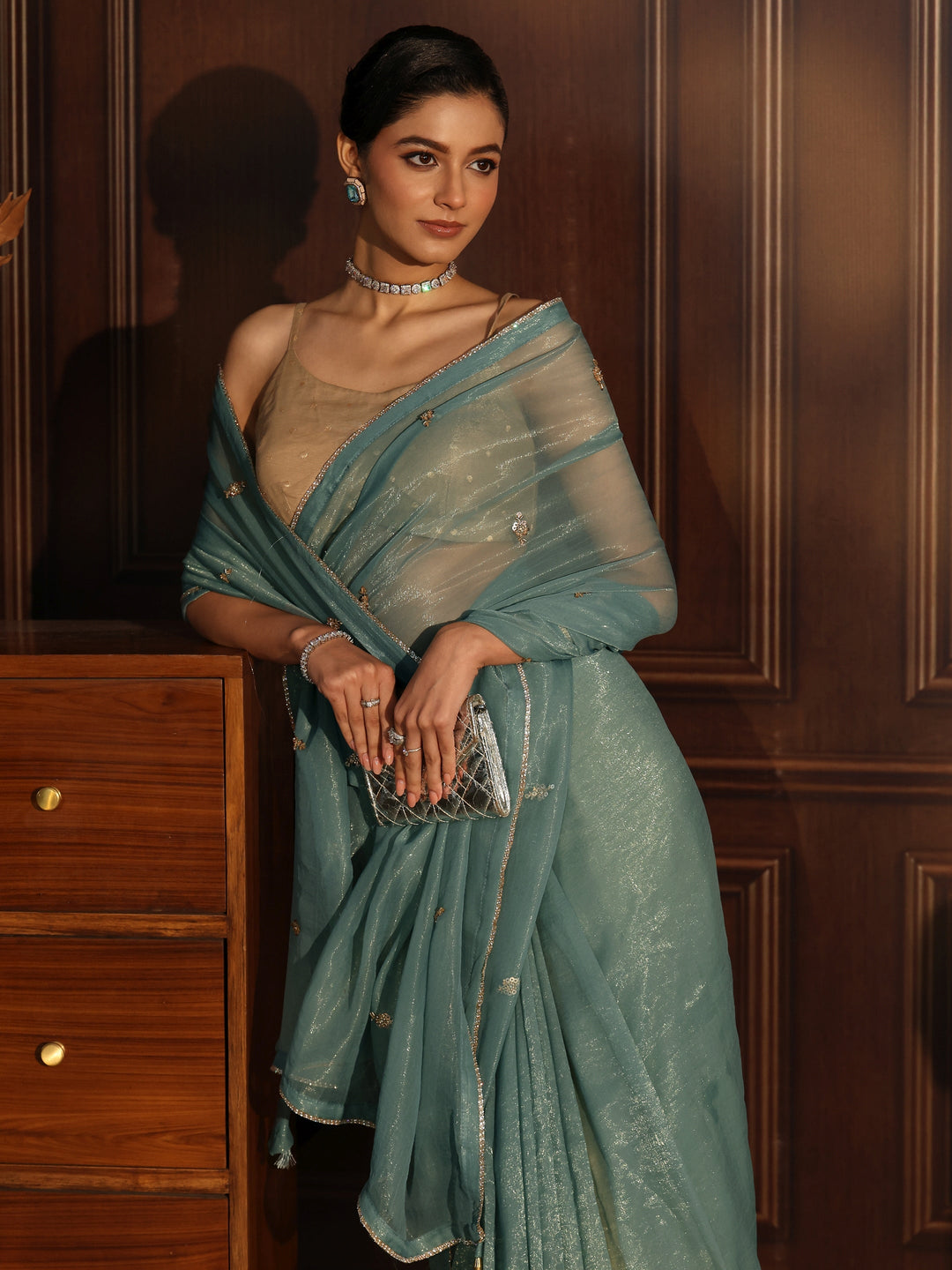 Libas Aqua Blue Sequin Embellished Tissue Saree