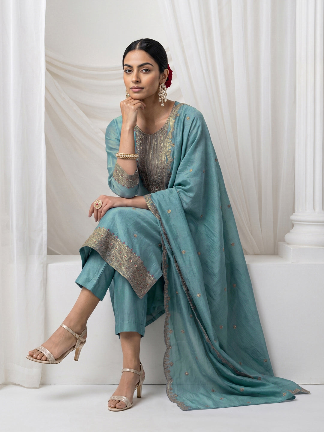 Libas Aqua Blue Yoke Design Chanderi Silk Straight Suit Set