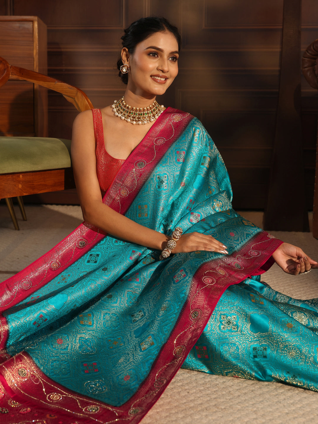 Libas Aqua Blue and Pink Woven Design Silk Blend Saree