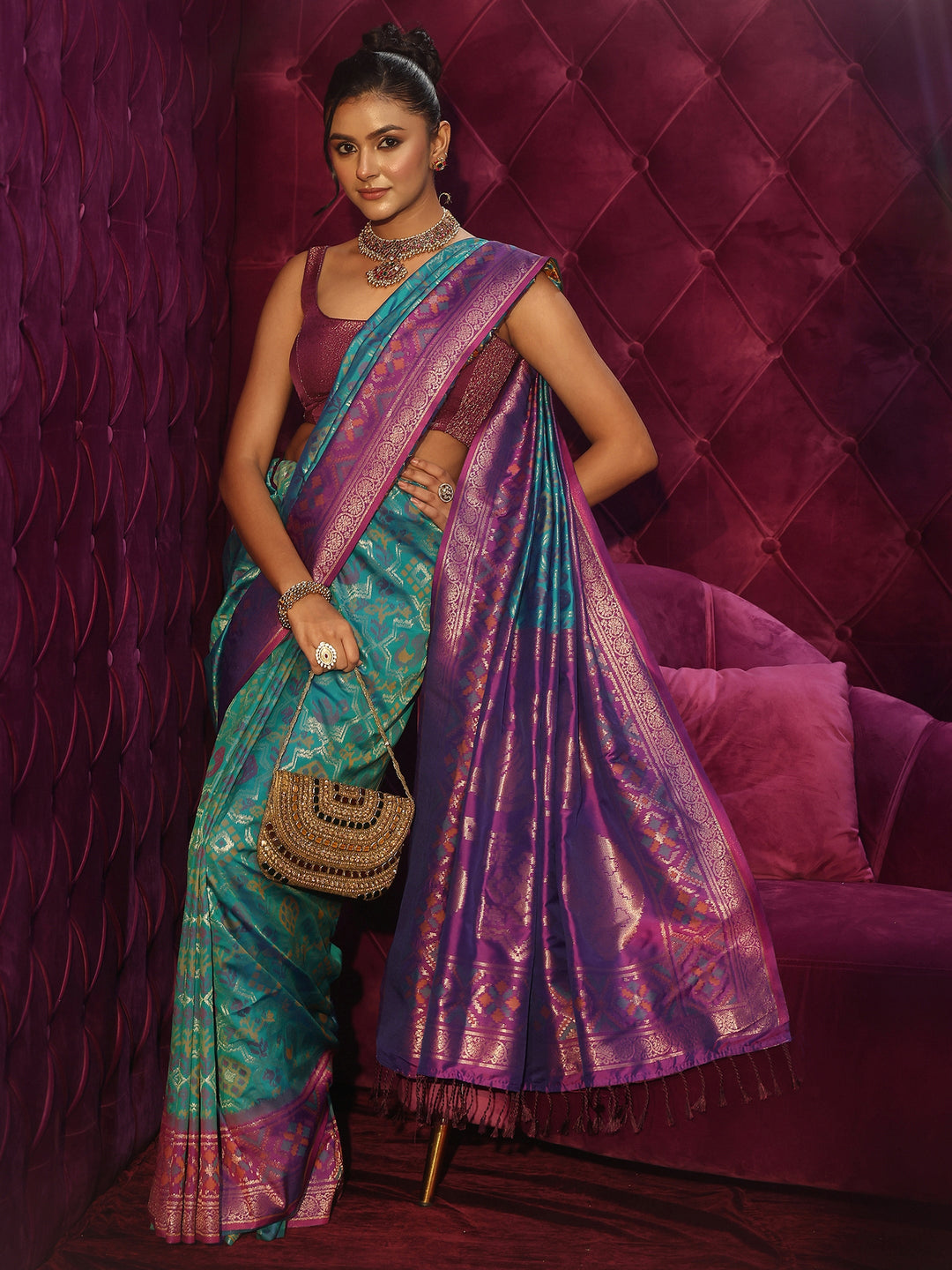 Libas Aqua Blue and Purple Patola Silk Blend Saree