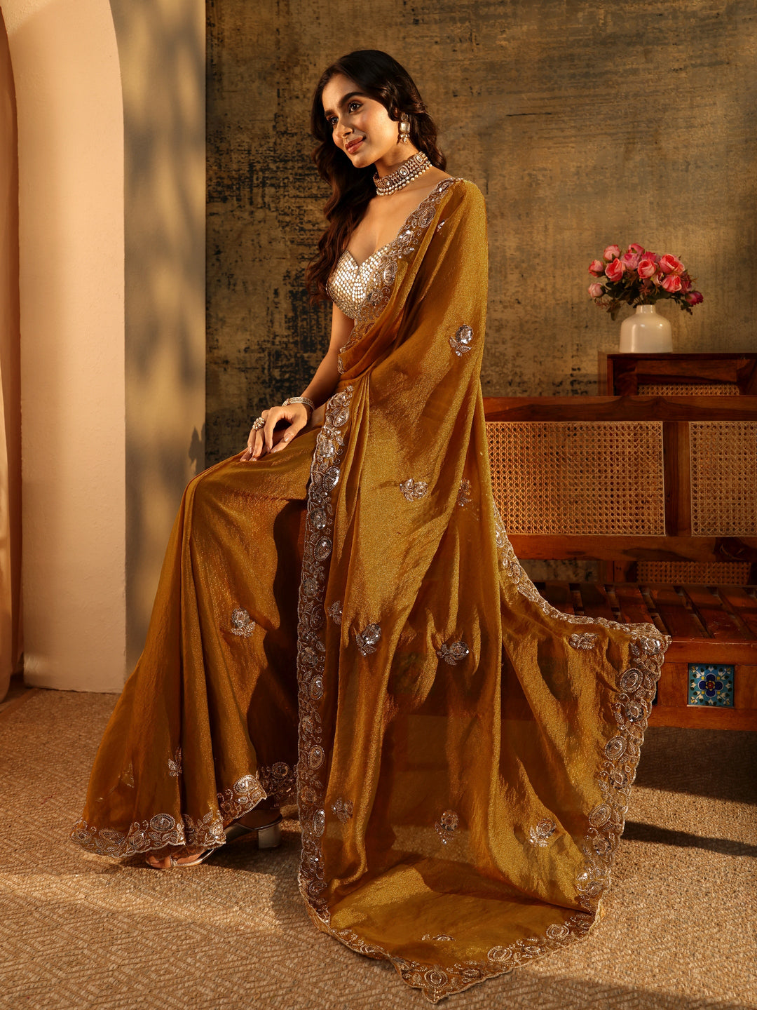  Libas Art Antique Gold Sequin Embellished Georgette Saree 