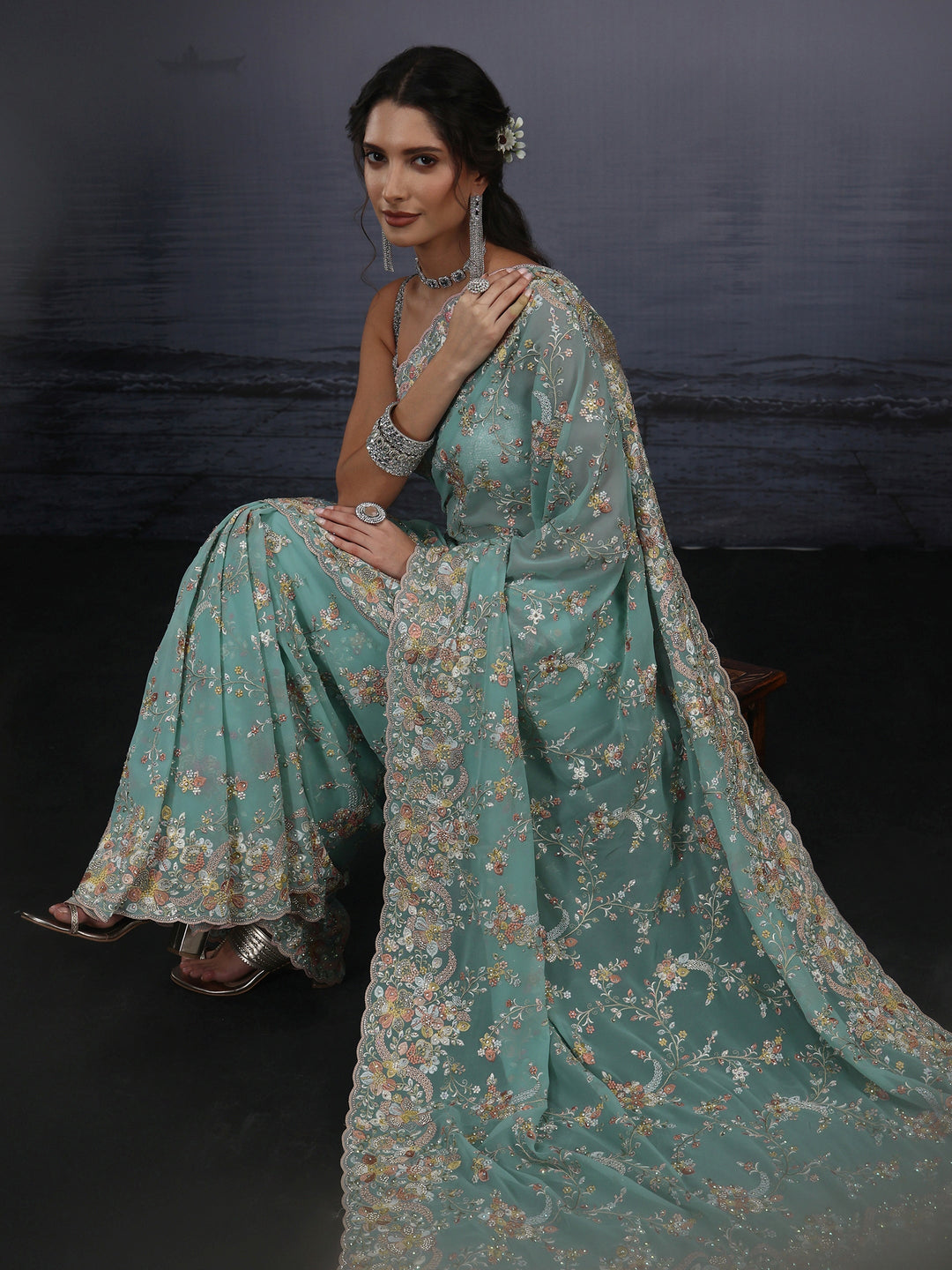 Libas Art Aqua Blue Floral Embroidered Georgette Saree 