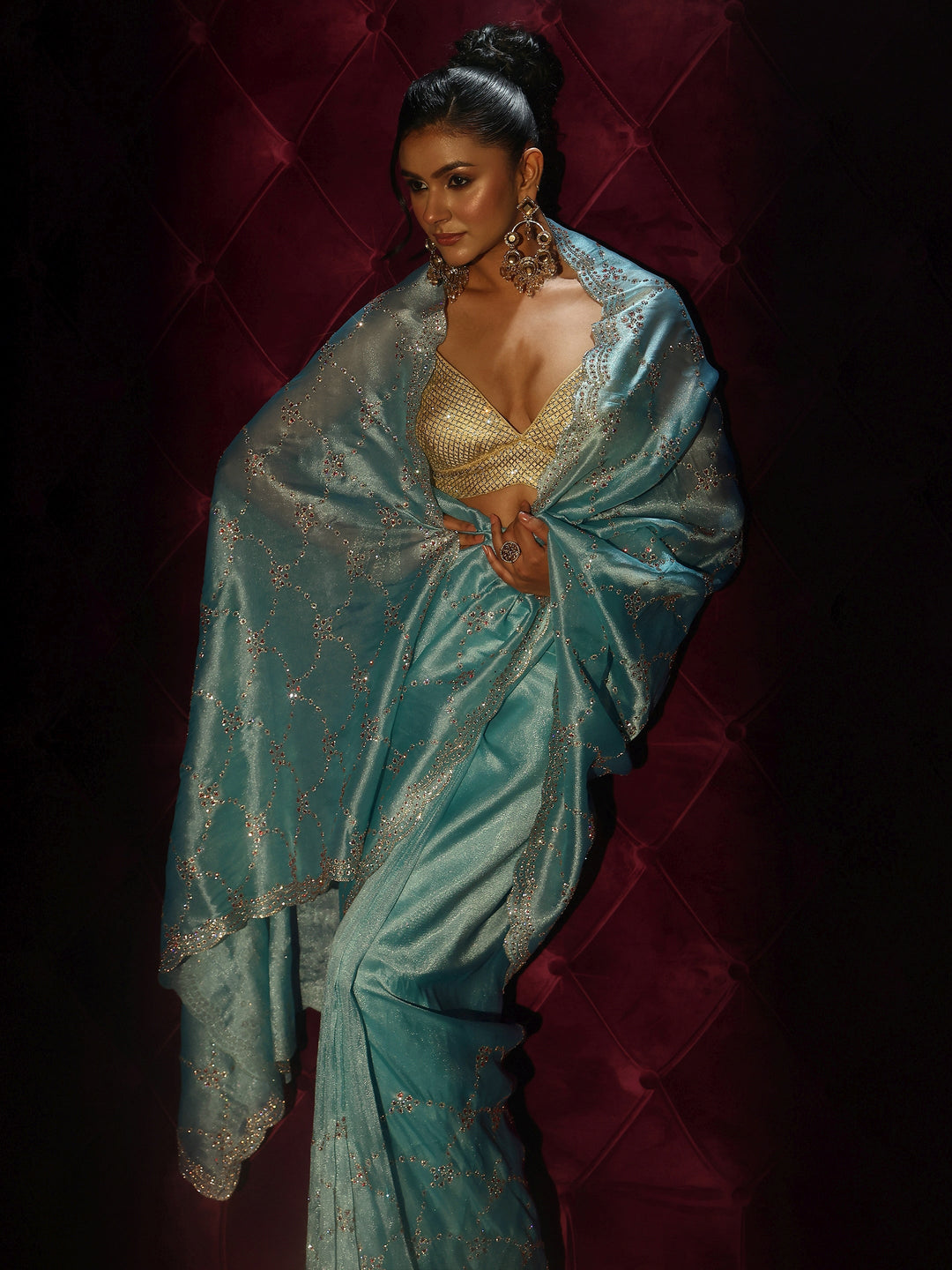 Libas Art Aqua Blue Stone Work Embellished Tissue Saree