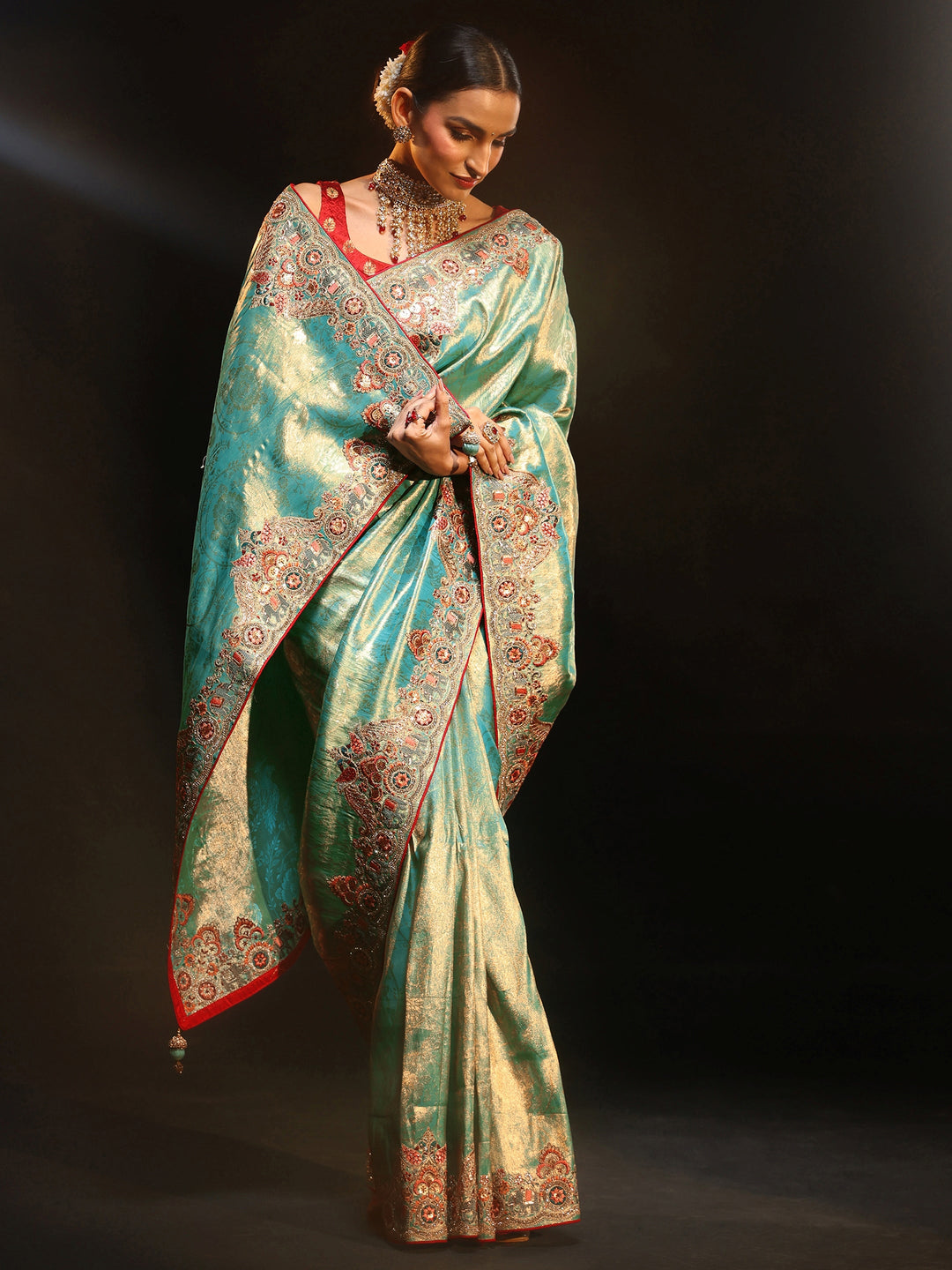  Libas Art Aqua Blue Woven Design Saree with Embroidered Border 