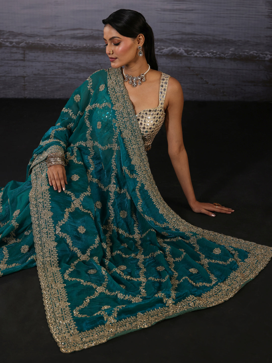  Libas Art Aqua Green Embroidered Tissue Saree 