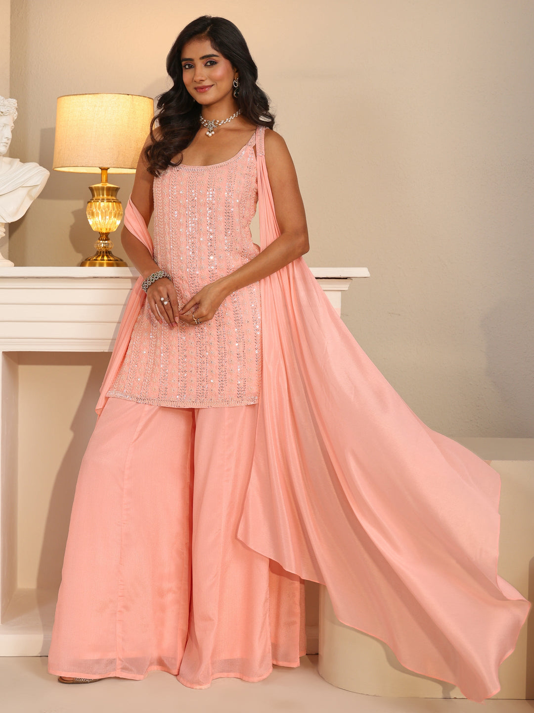  Libas Art Baby Pink Embellished Strappy Chinon Palazzo Suit Set 