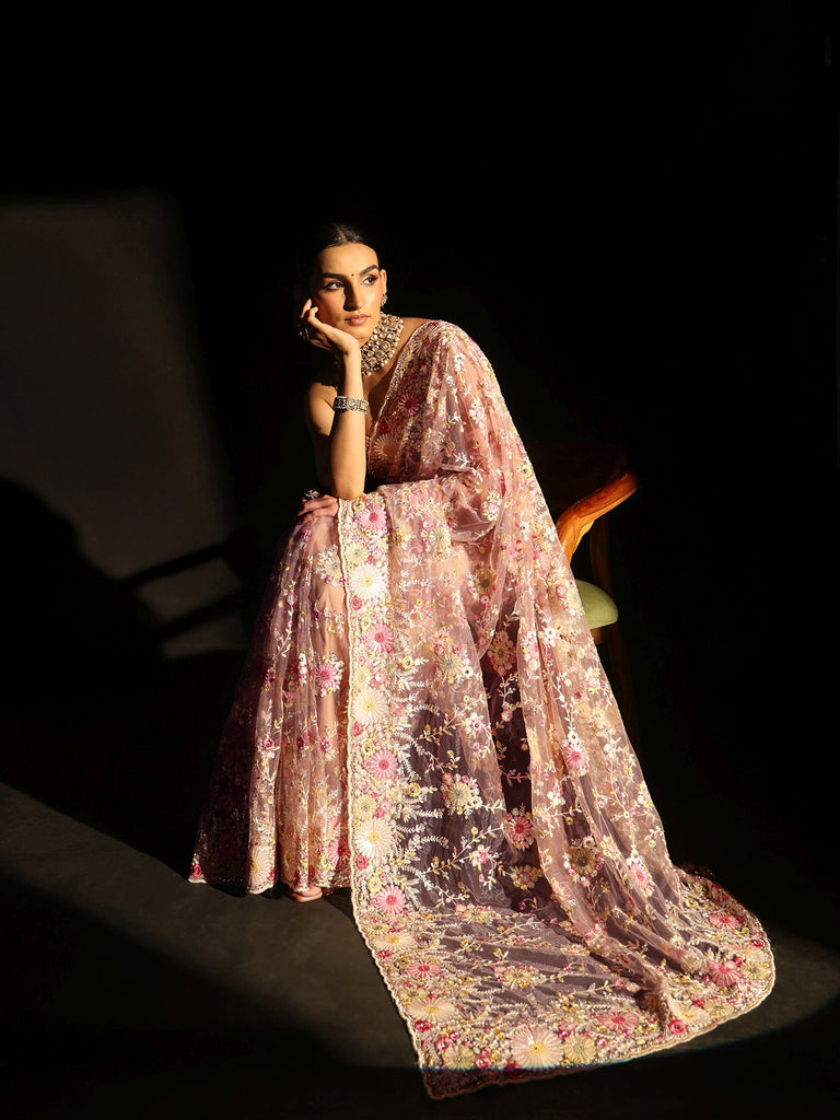 Libas Art Baby Pink Floral Embroidered Net Saree