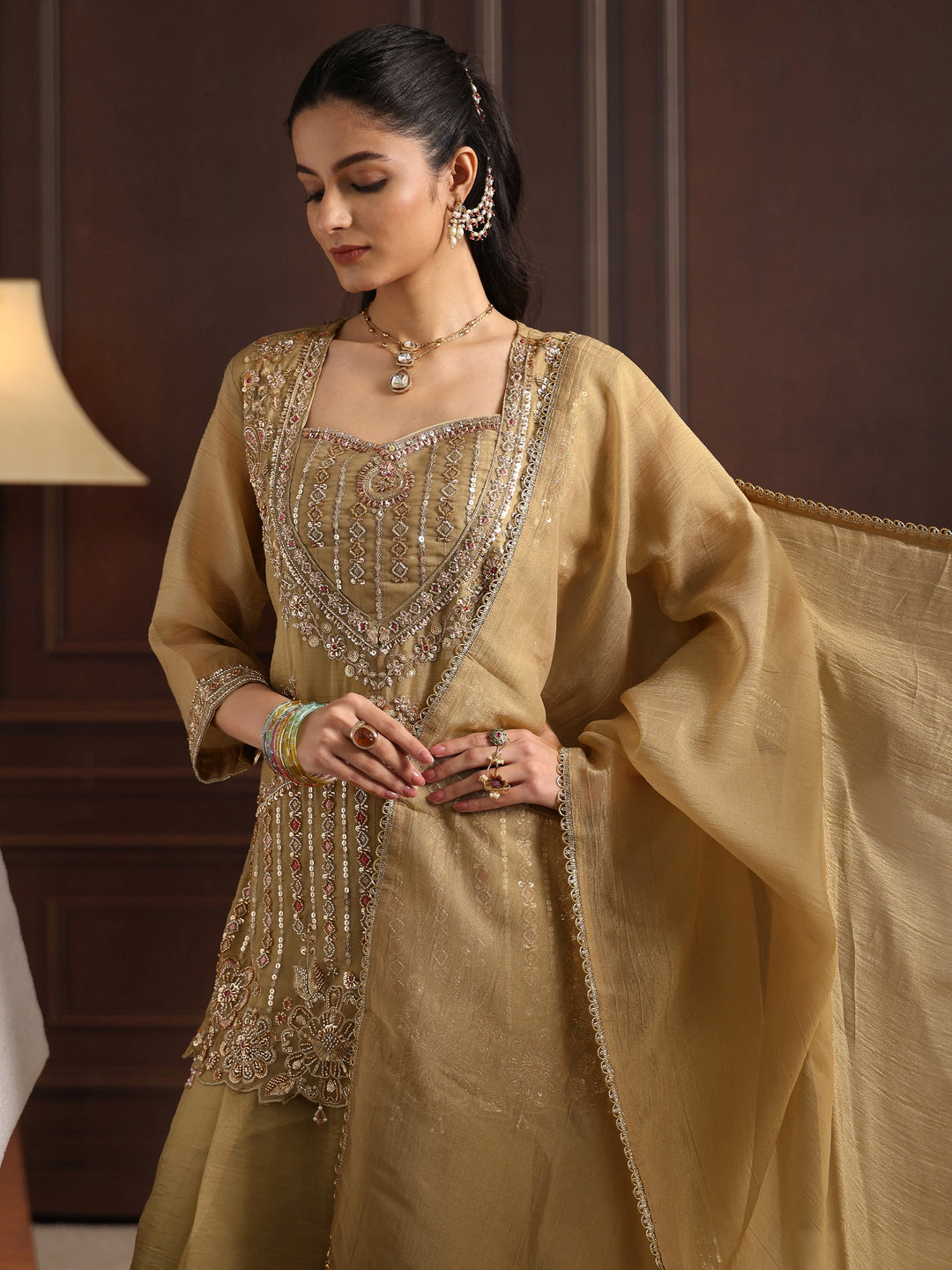  Libas Art Beige Sequin Embellished Tissue Palazzo Suit Set 