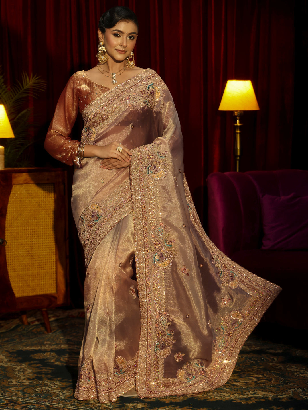  Libas Art Beige Sequin Embellished Tissue Saree 