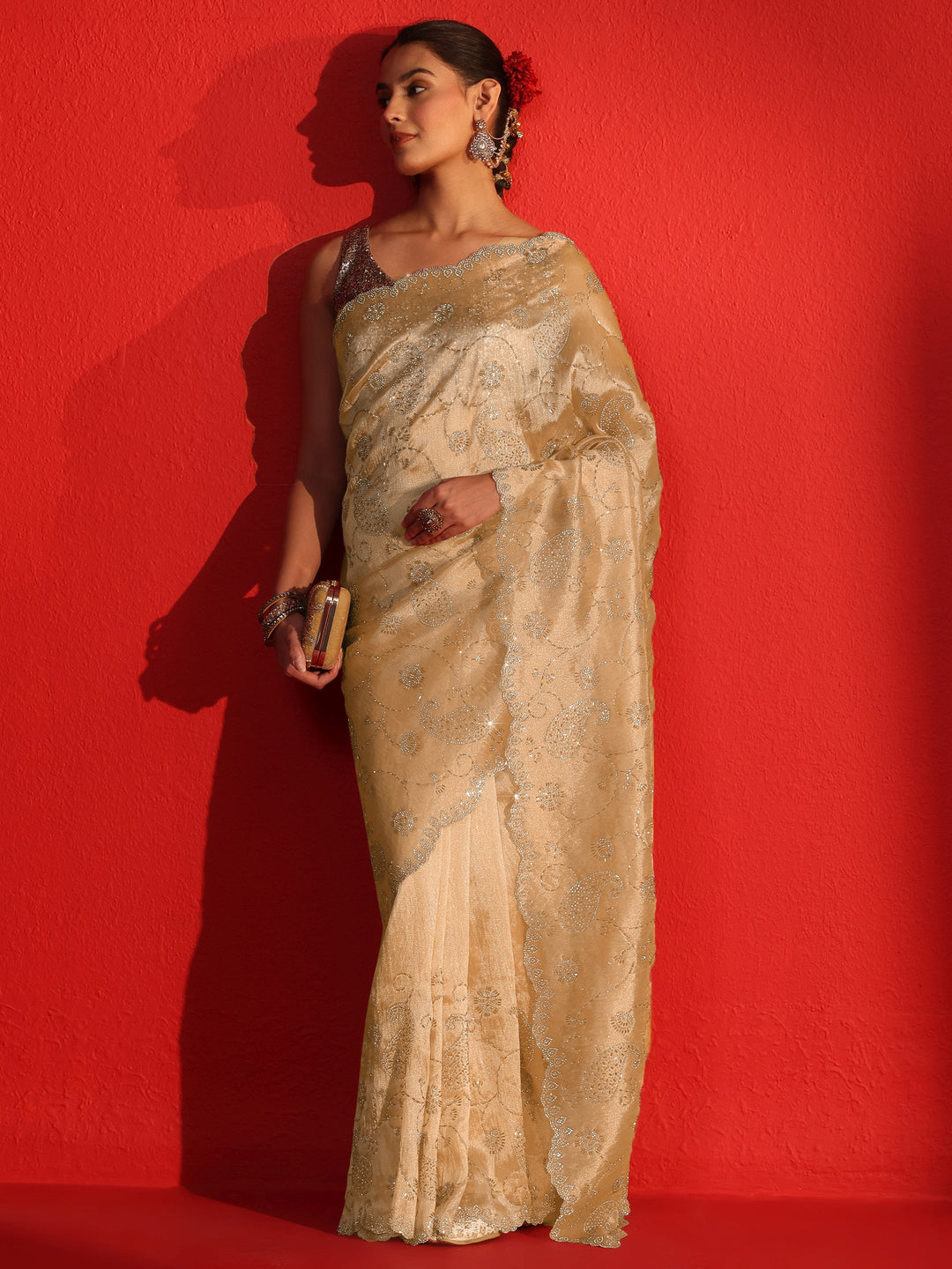  Libas Art Beige Stone Work Embellished Tissue Saree 