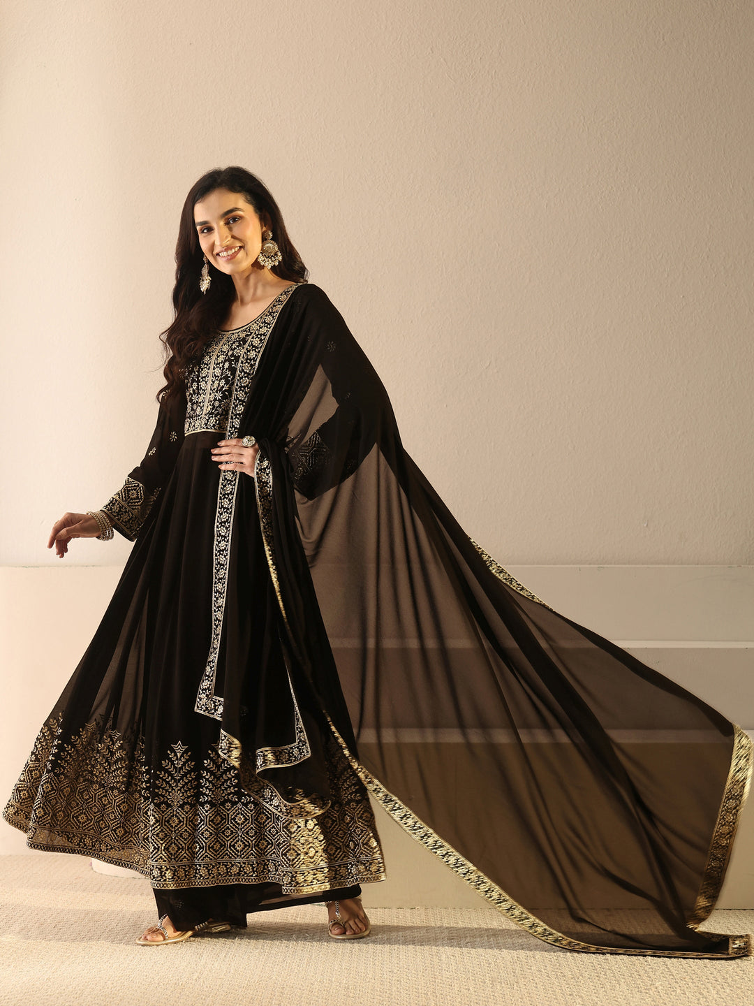  Libas Art Black Floral Embroidered Georgette Anarkali Suit Set 