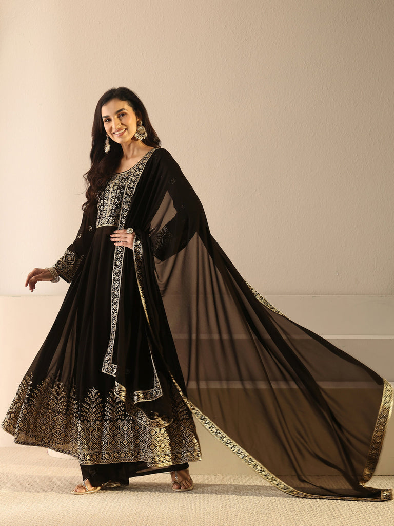 Libas Art Black Floral Embroidered Georgette Anarkali Suit Set