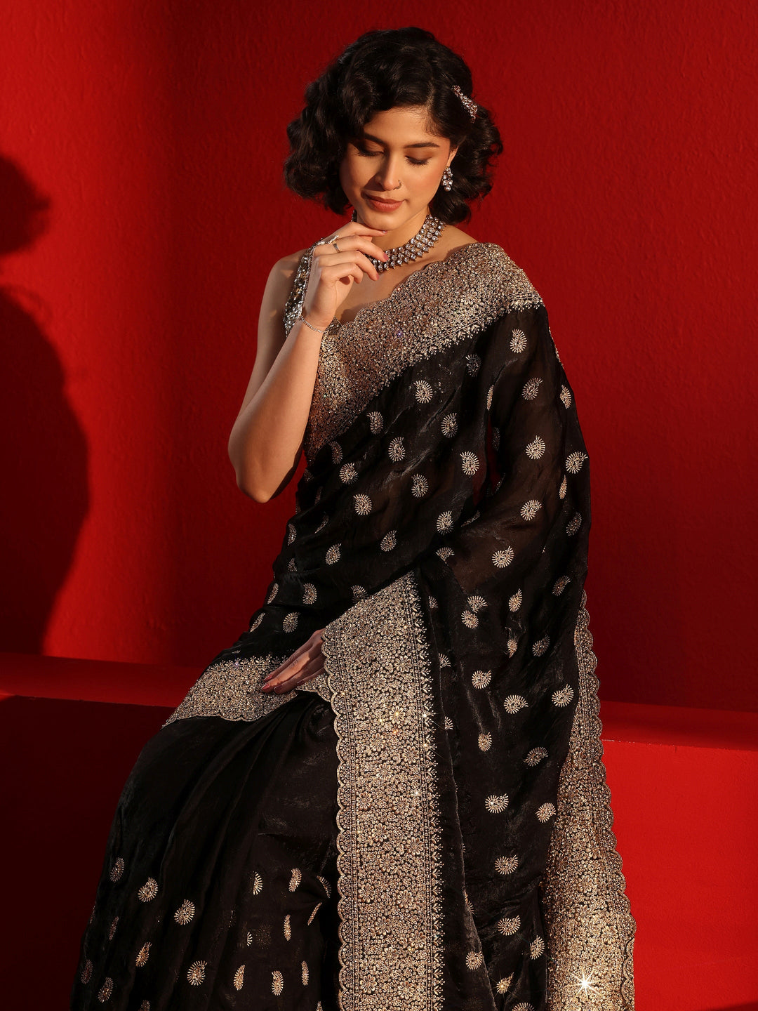  Libas Art Black Stone Work Embellished Tissue Saree 