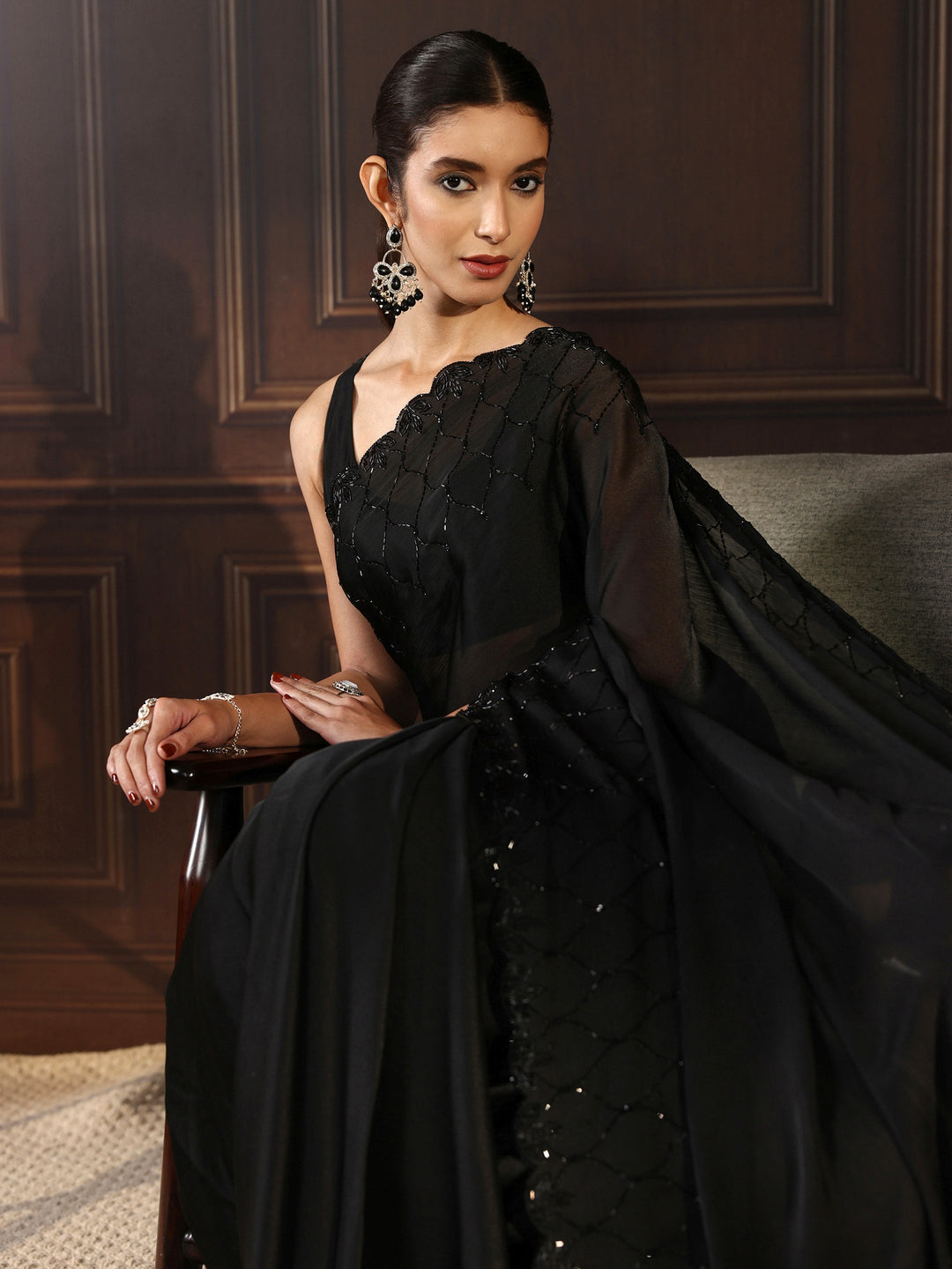  Libas Art Black Tissue Saree with Embellished Border 