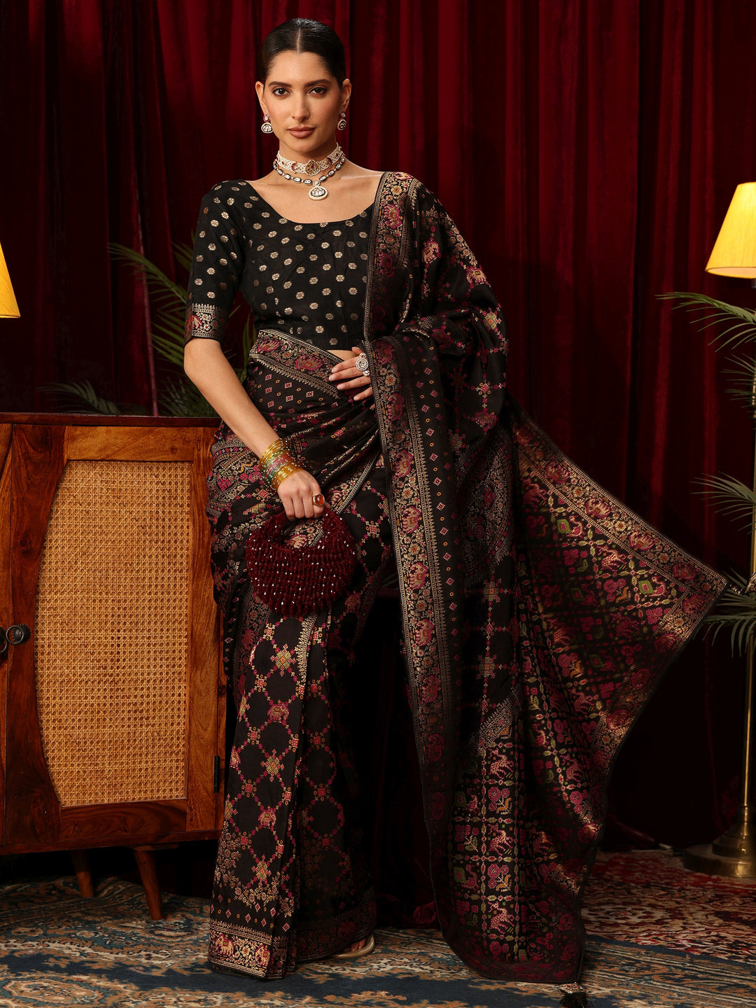  Libas Art Black Woven Design Silk Blend Saree with Patola Pallu 
