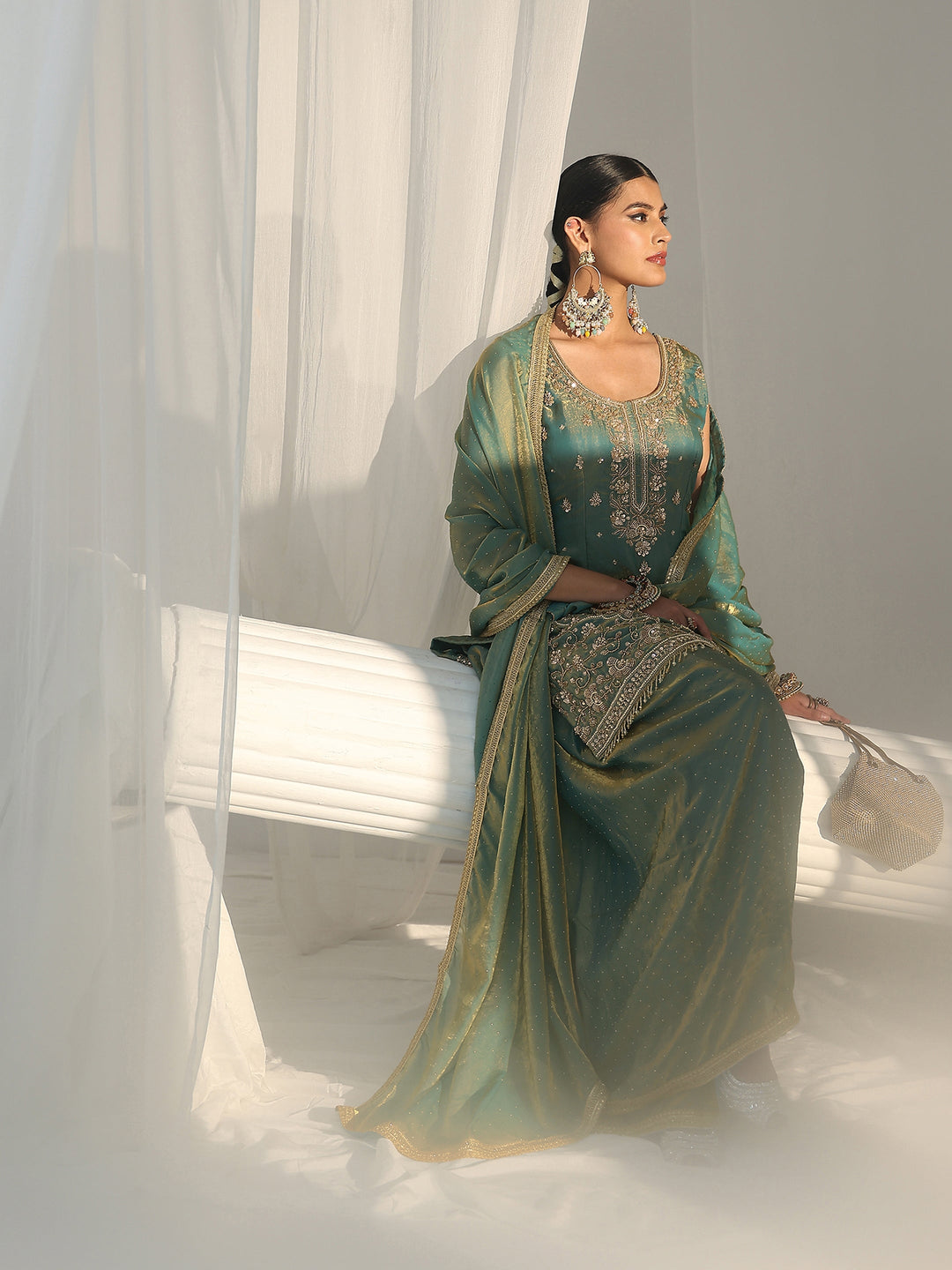  Libas Art Blue Embellished Sleeveless Silk Blend Palazzo Suit Set 