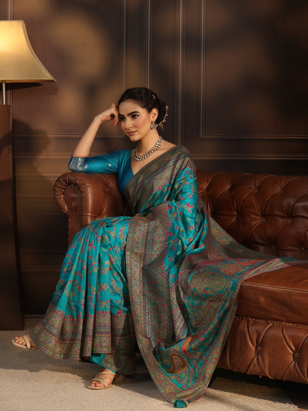 Libas Art Blue Floral Design Embellished Silk Blend Saree