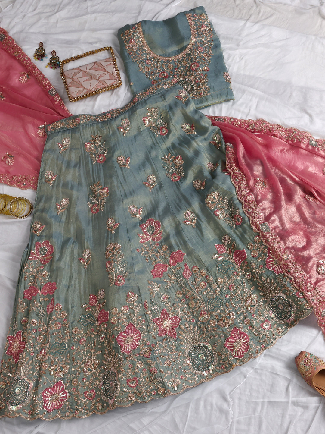  Libas Art Blue Floral Embellished Silk Blend Semi-Stitched Lehenga Choli 
