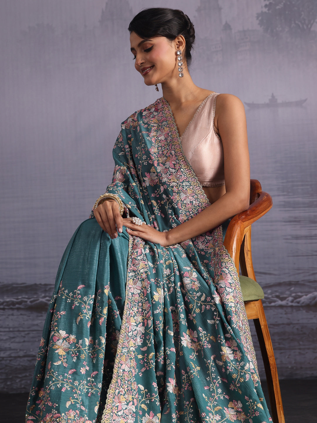  Libas Art Blue Floral Embroidered Stone Work Chiffon Saree 