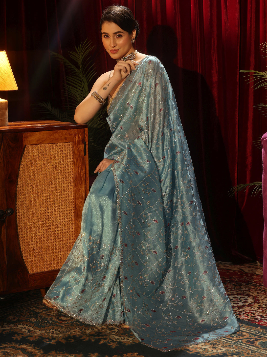 Libas Art Blue Floral Stone Work Tissue Saree