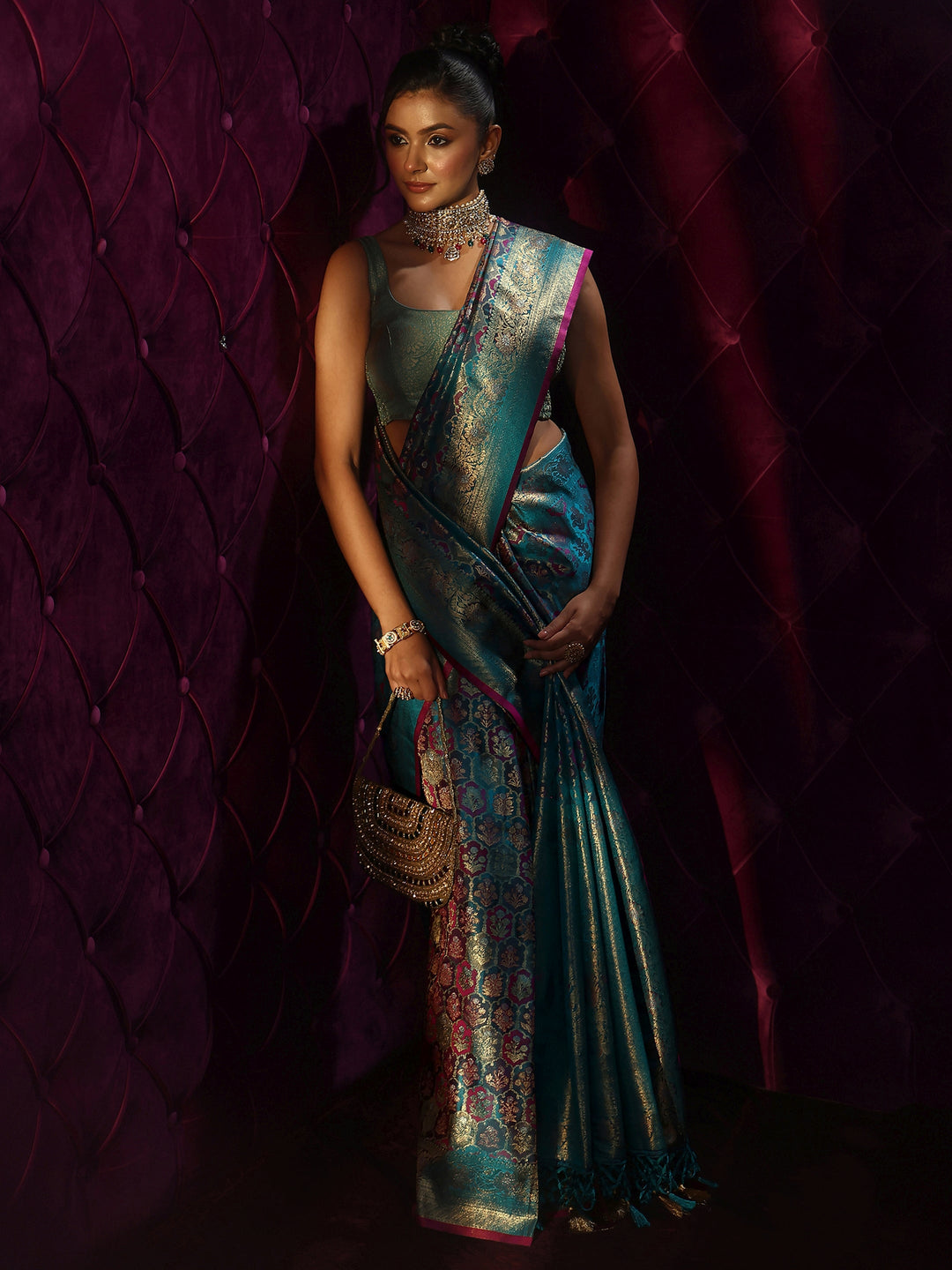 Libas Art Blue Mughal Floral Design Silk Blend Tassel Saree