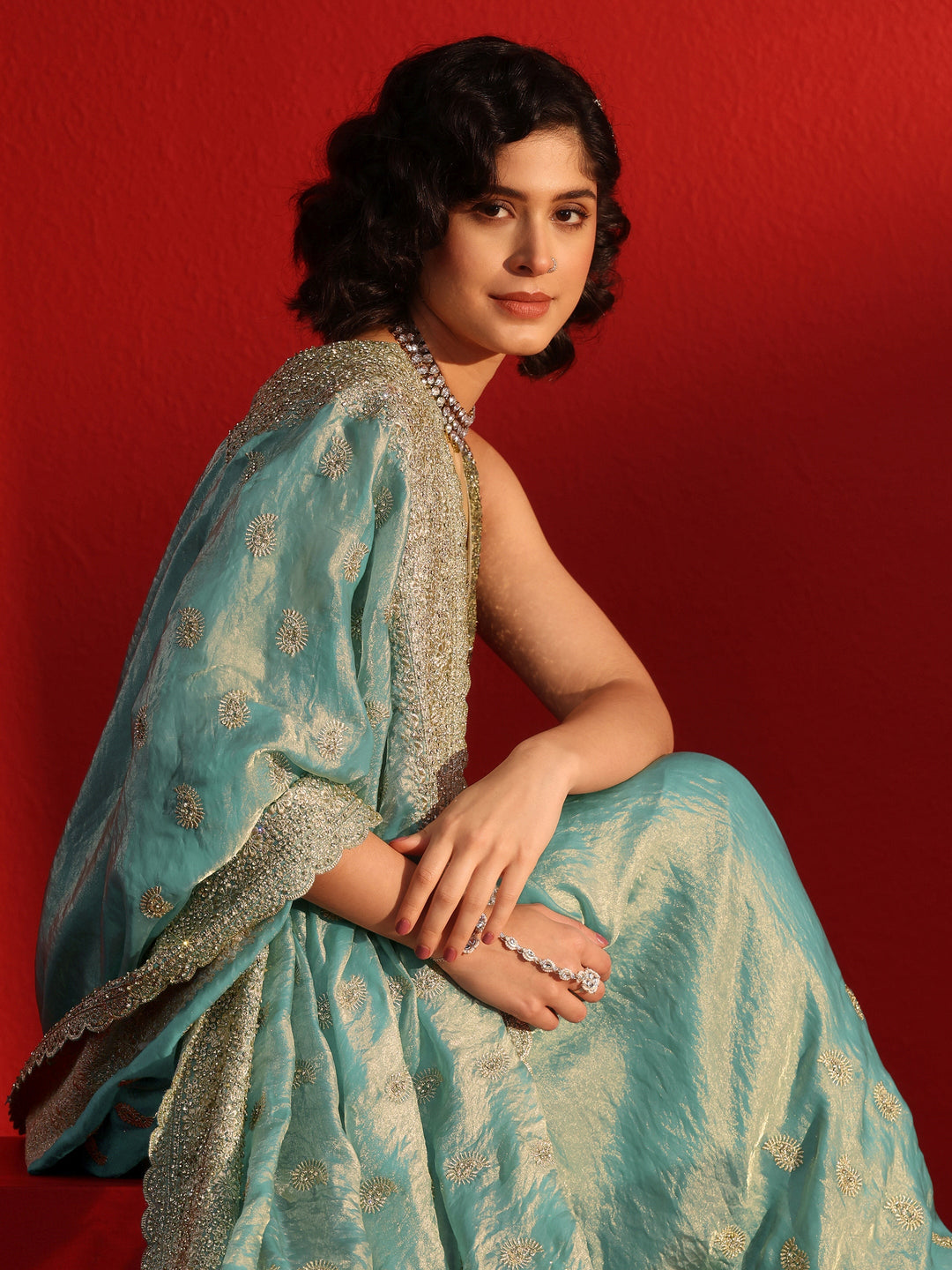  Libas Art Blue Stone Work Embellished Tissue Saree 
