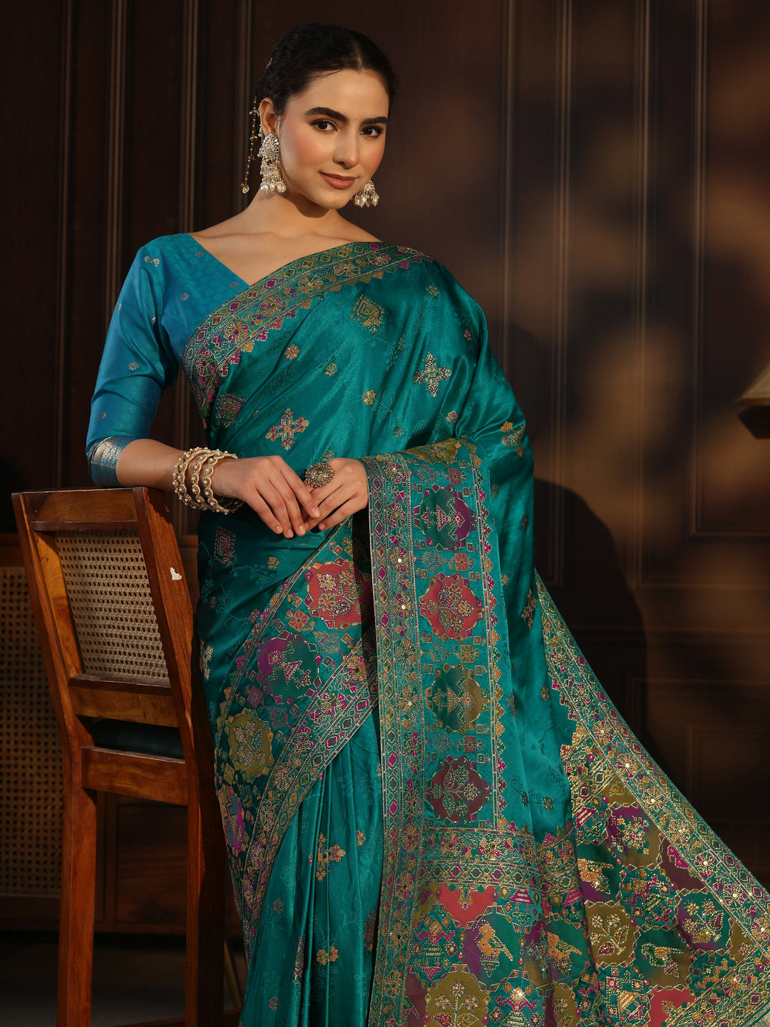 Libas Art Blue Woven Design Silk Blend Saree with Embellished Patola Pallu