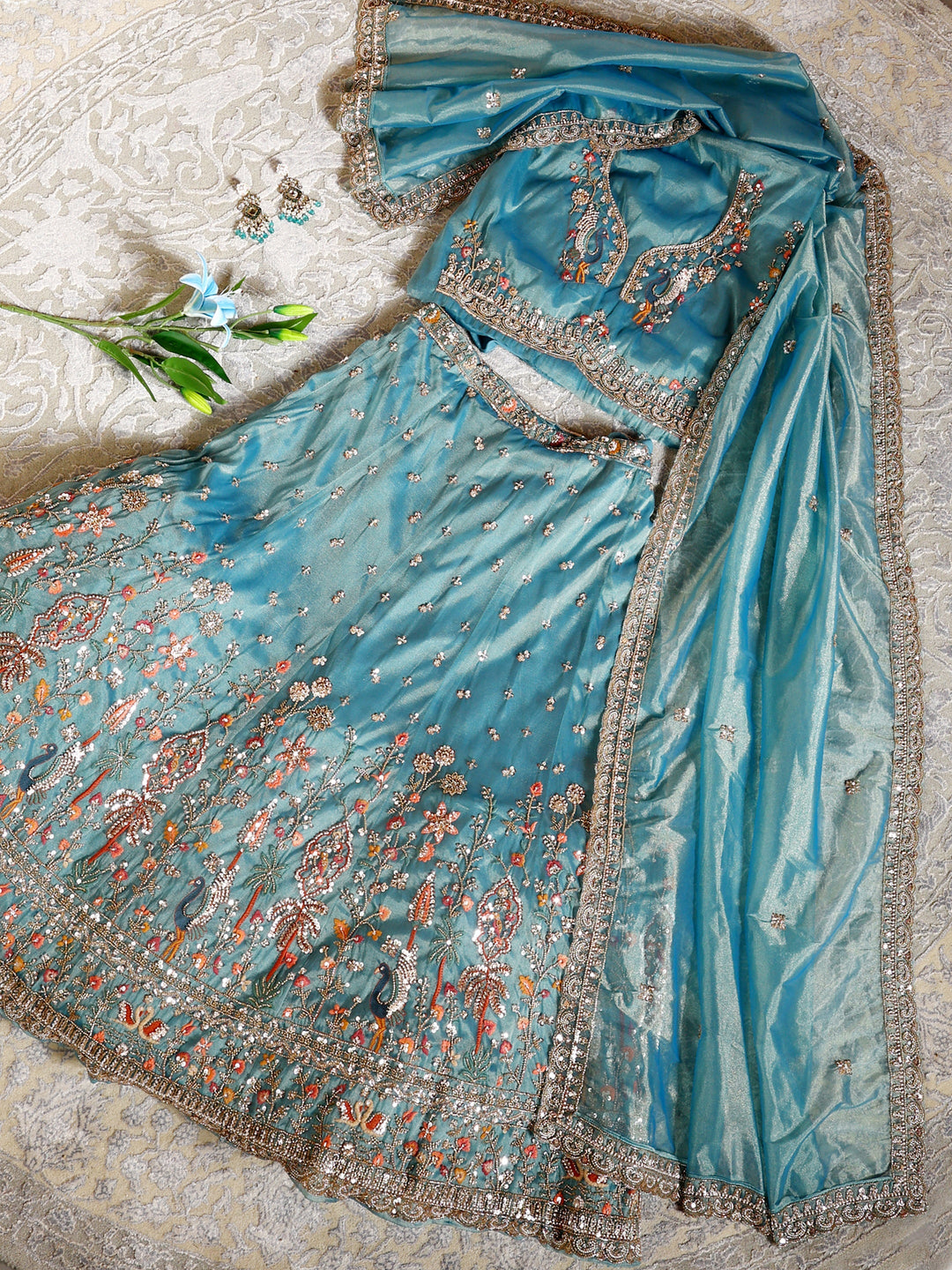 Libas Art Blue Zari Embellished Tissue Semi-Stitched Lehenga Choli