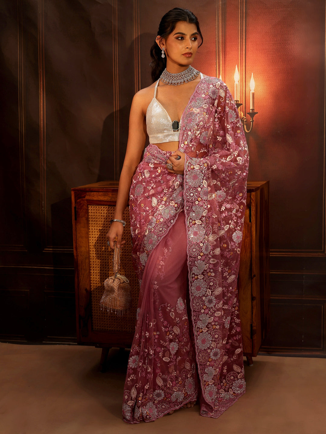  Libas Art Blush Pink Floral Embroidered Net Saree 