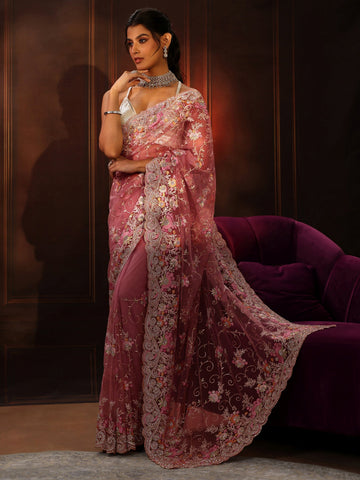 Libas Art Blush Pink Floral Embroidered Net Saree