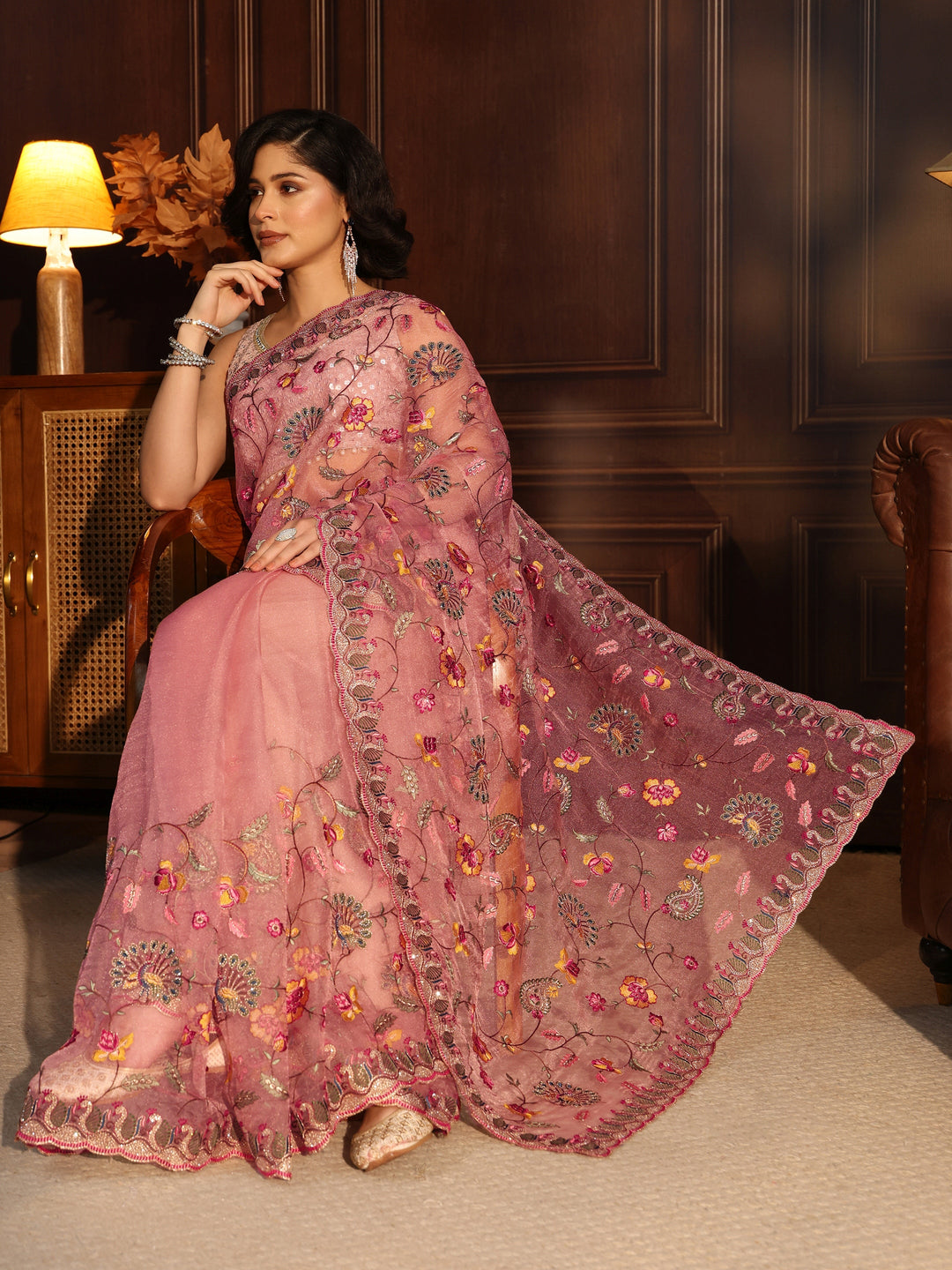 Libas Art Blush Pink Floral Stone Work Embellished Tissue Saree