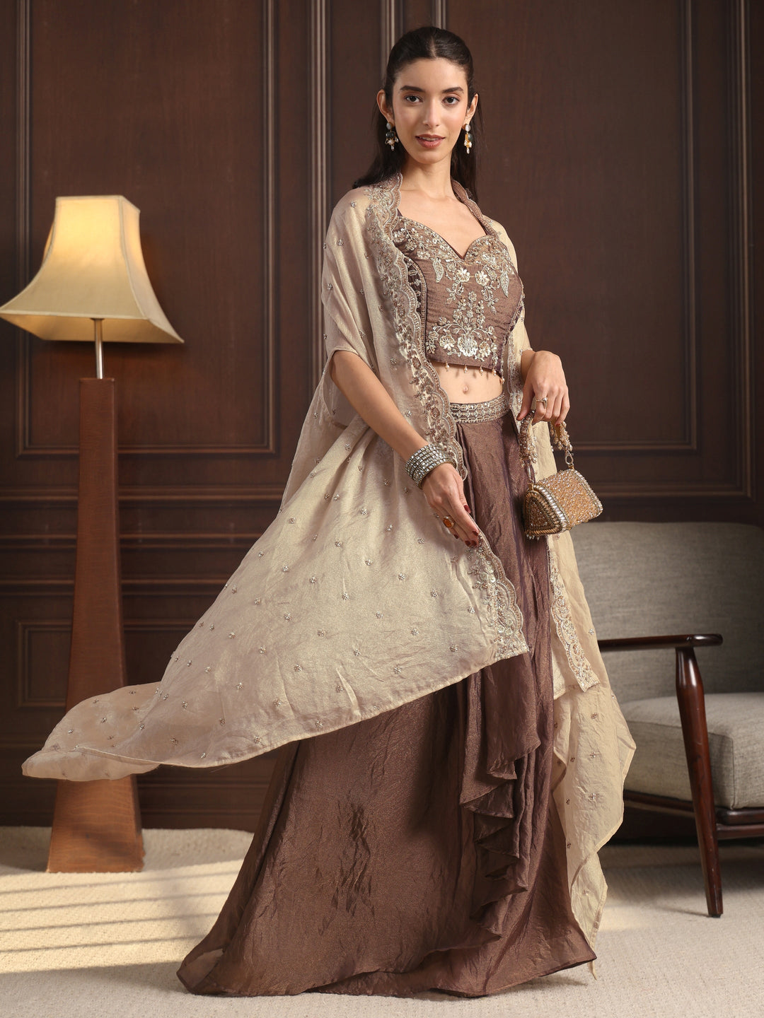  Libas Art Brown Embellished Cape and Draped Skirt Tissue Co-Ord Set 