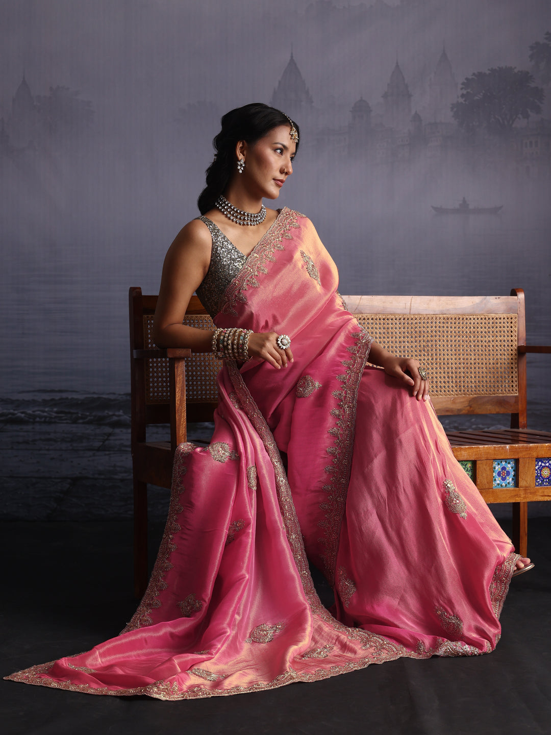  Libas Art Bubblegum Pink Bead Embellished Silk Blend Saree 