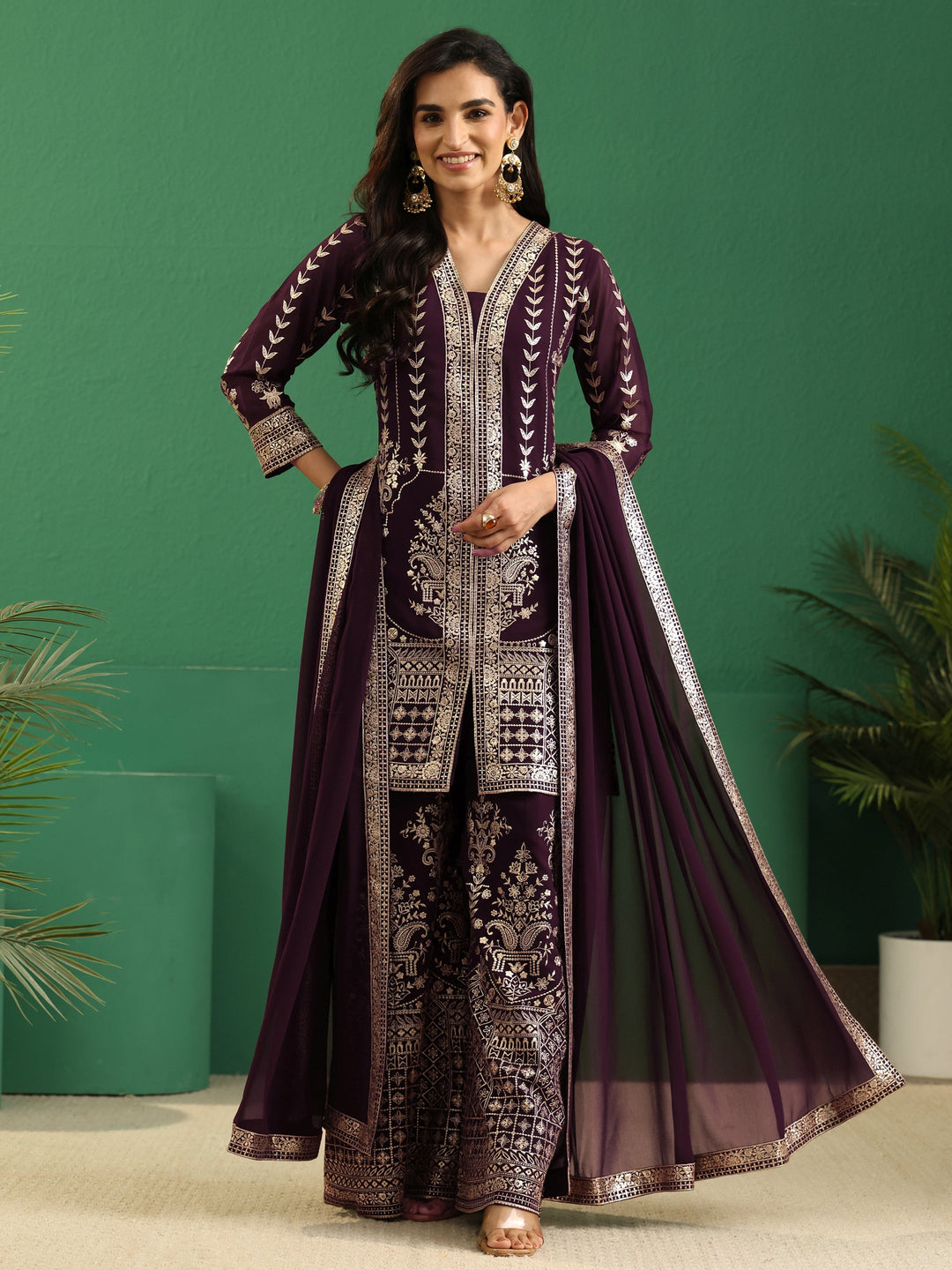  Libas Art Burgundy Embellished Georgette Palazzo Suit Set 