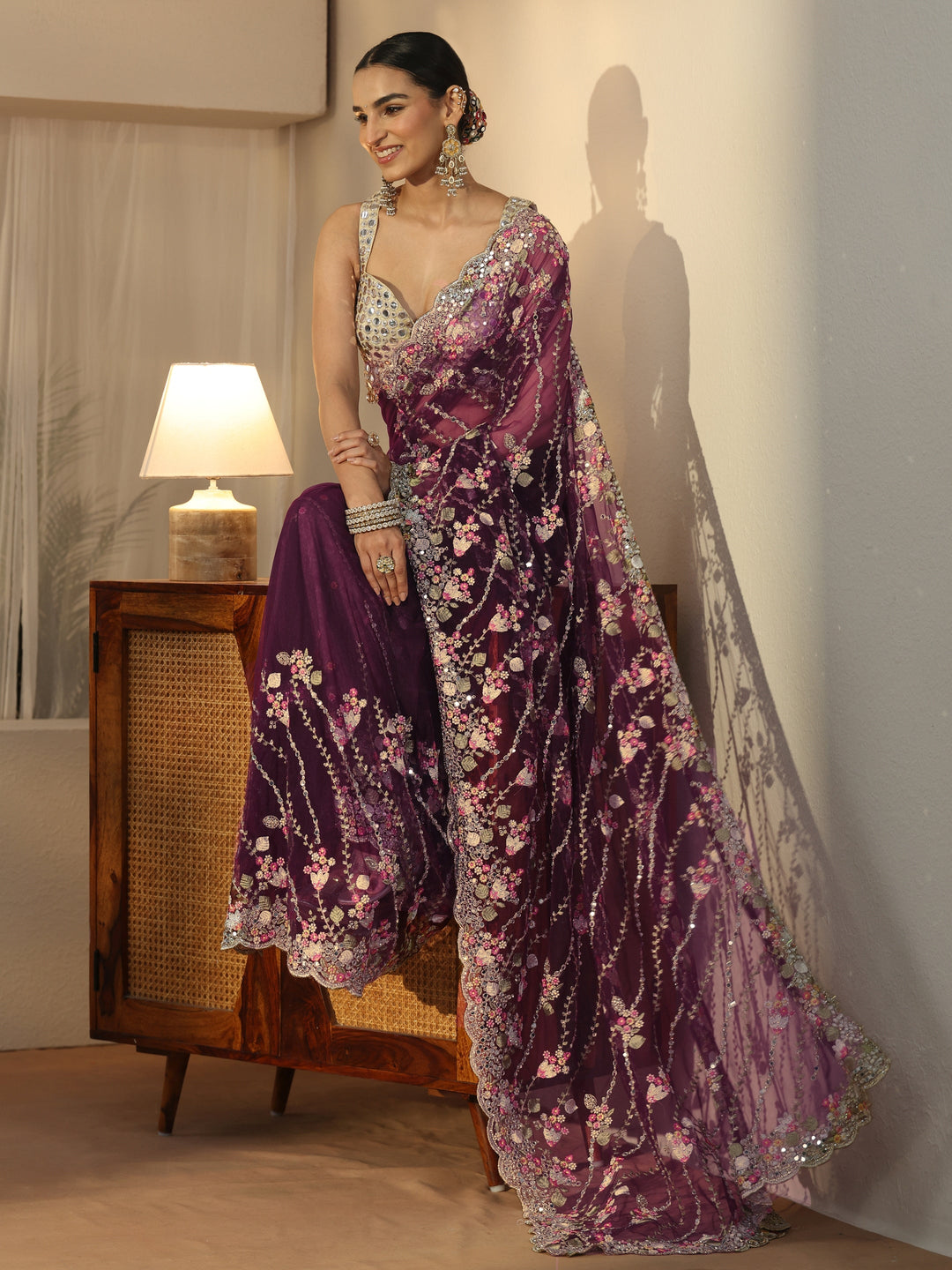  Libas Art Burgundy Floral Embellished Net Saree 