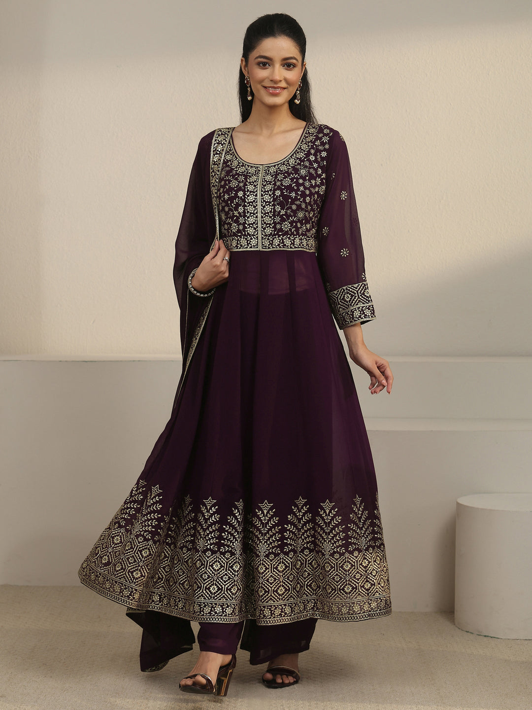  Libas Art Burgundy Floral Embroidered Georgette Anarkali Suit Set 
