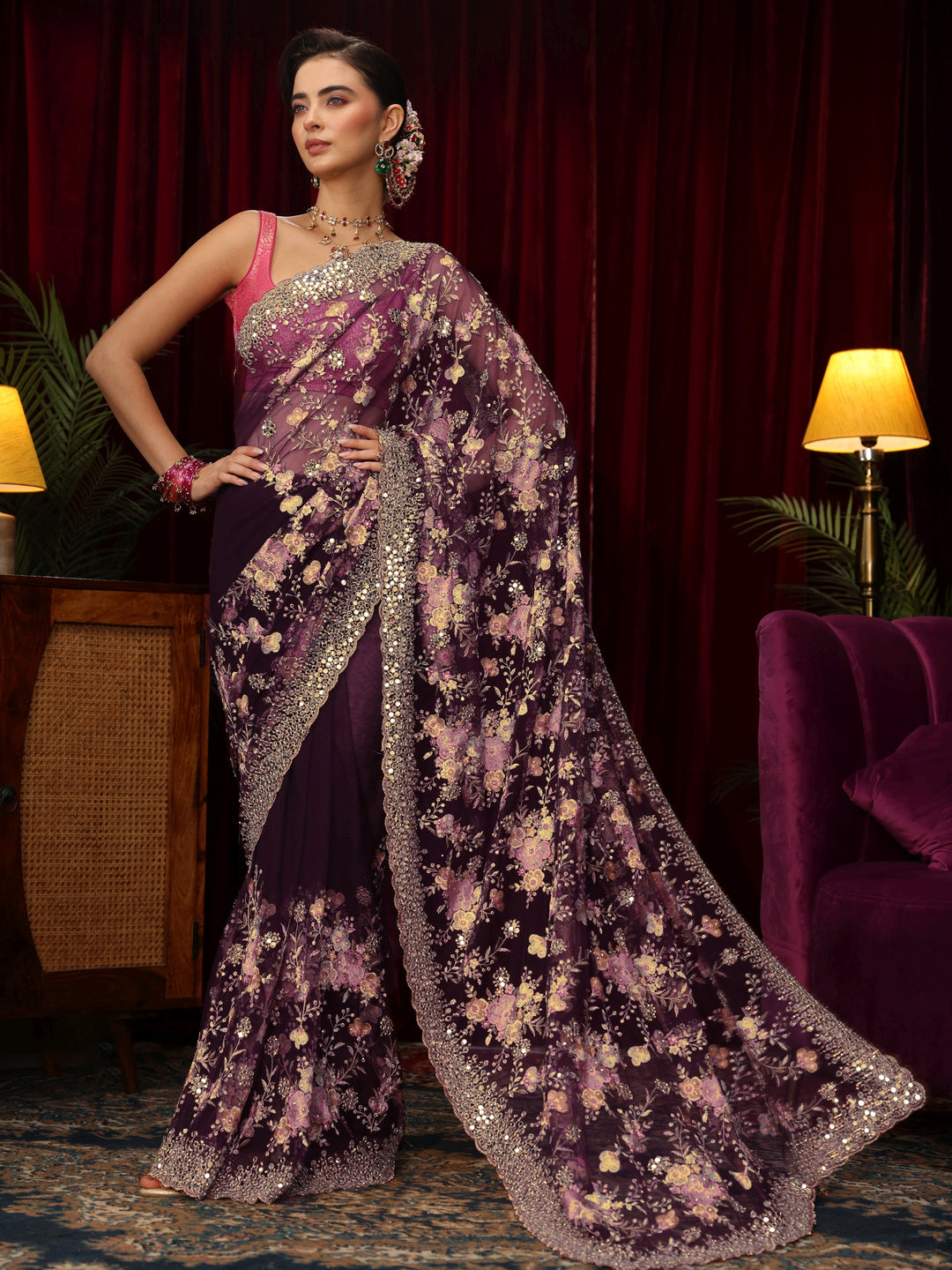  Libas Art Burgundy Floral Mirror Work Embroidered Net Saree 