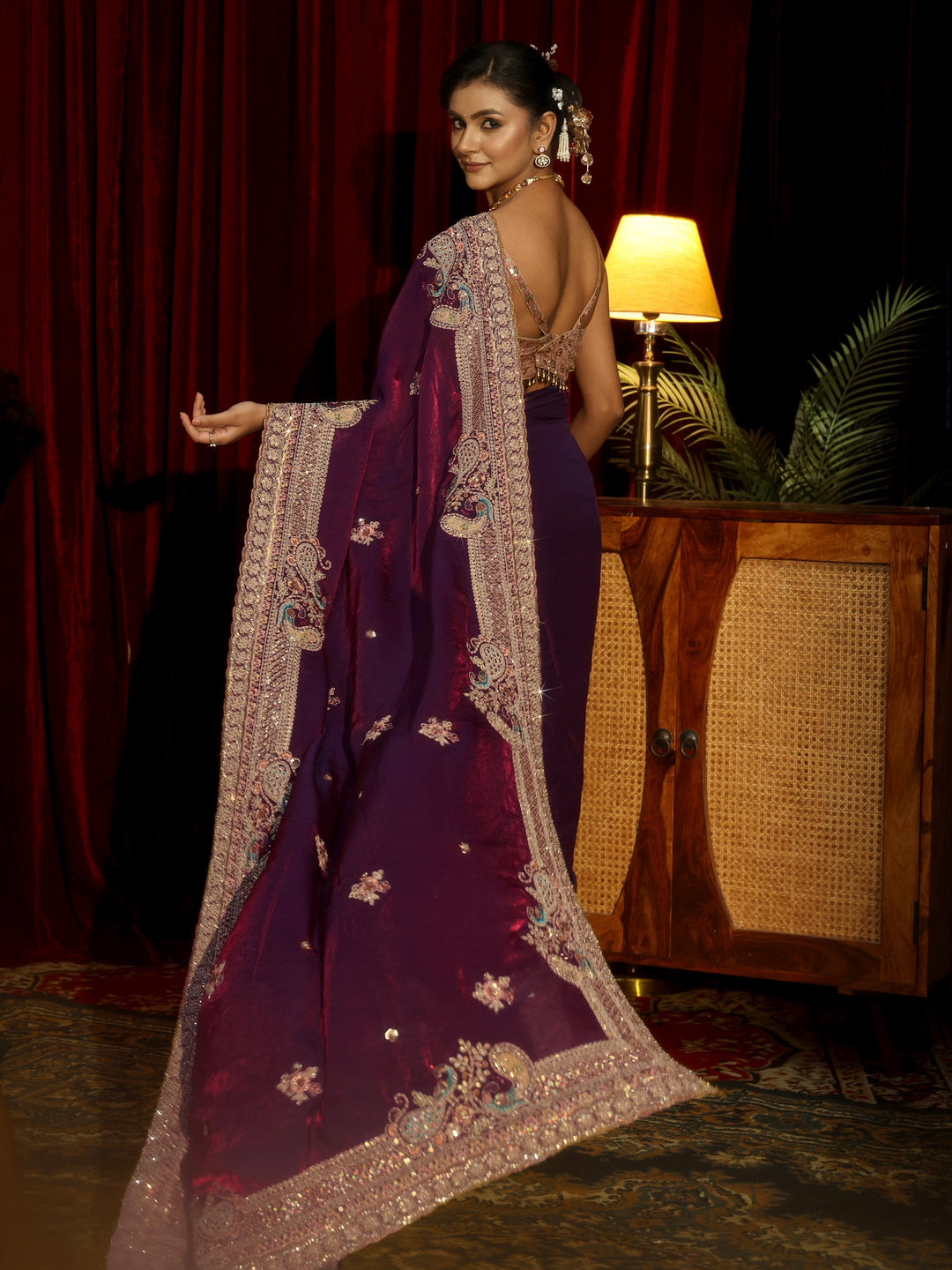  Libas Art Burgundy Sequin Tissue Saree with Embellished Border 