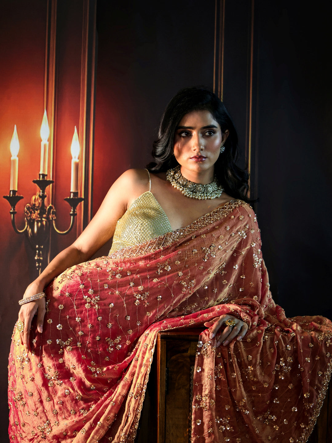  Libas Art Coral Pink Embellished Tissue Saree 